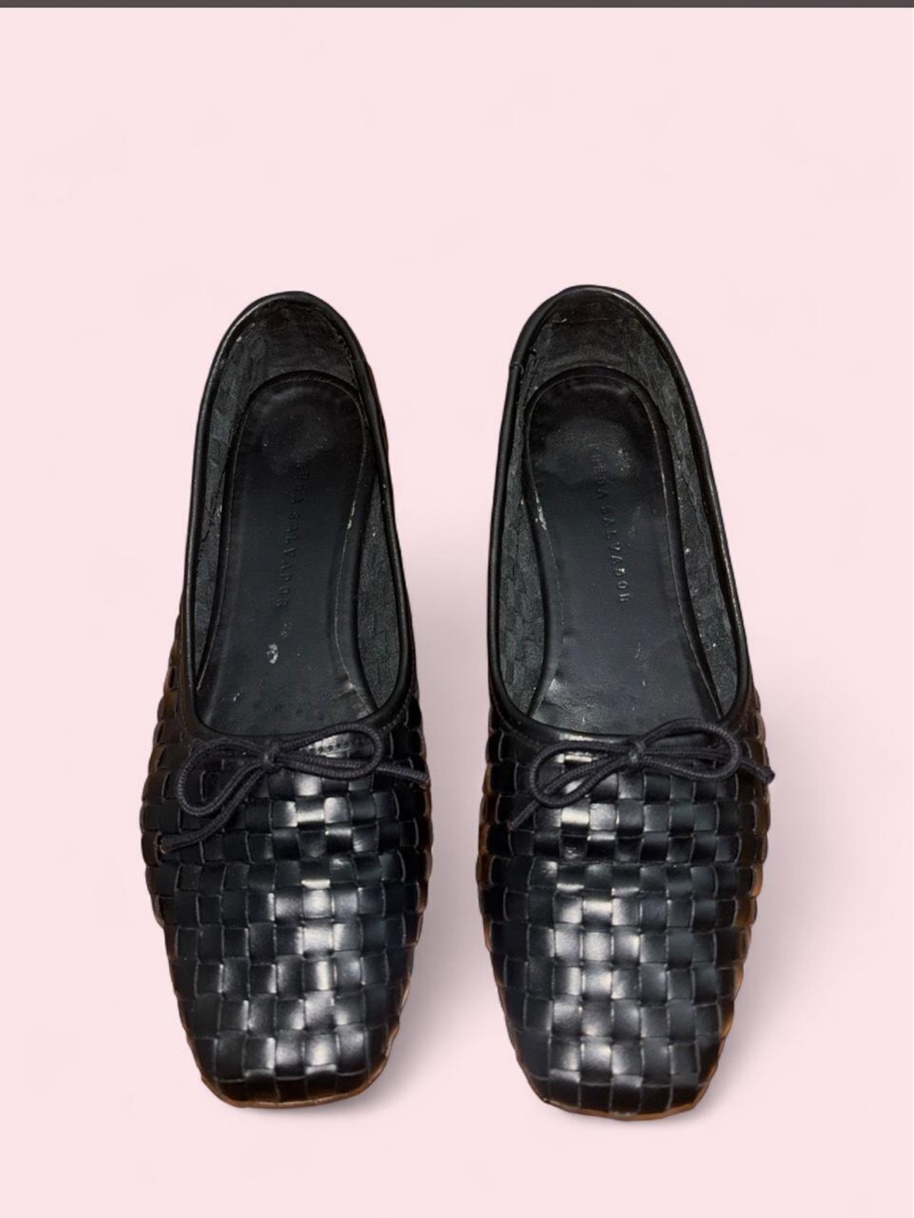 Freda Salvador Black Woven Leather Ballet Flats with Bow